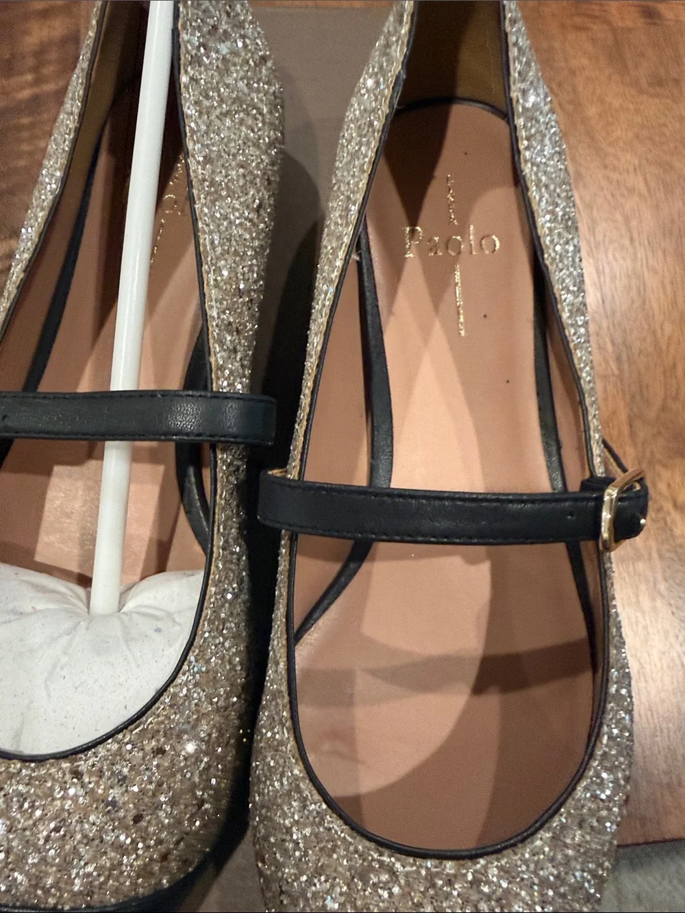 Paolo Gold Glitter Pointed Mary Jane Flats with Black Toe & Strap